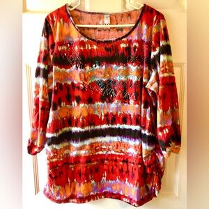 T/O Thomas & Olivia Red Orange Aqua Tie Dye Stripe Rhinestone Silver Knit Top 1X